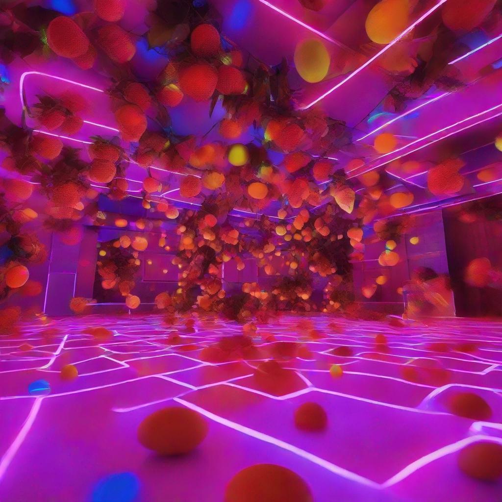 a neon-lit dance floor with exotic fruits floating in the air