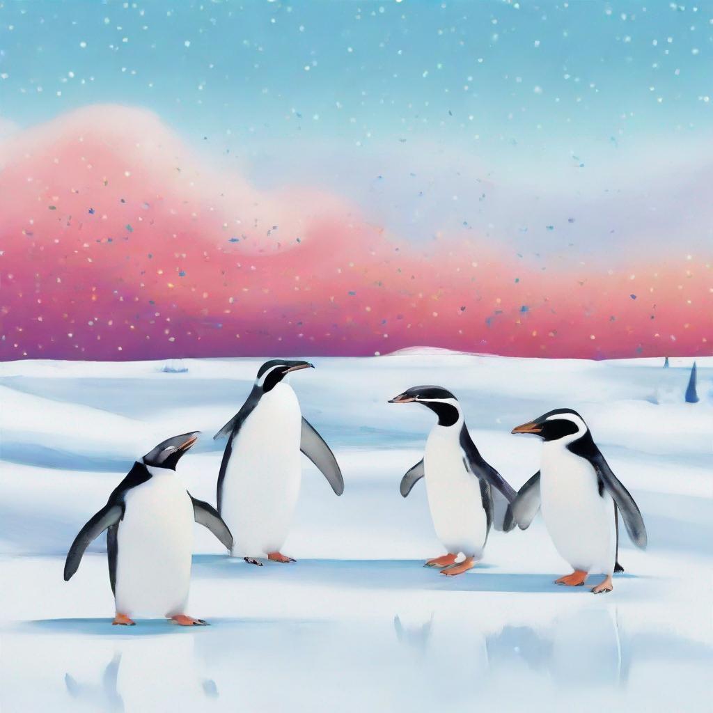 a serene and snowy landscape with a group of cheerful penguins dancing and jumping on ice, with vibrant colors contrasting the white snow