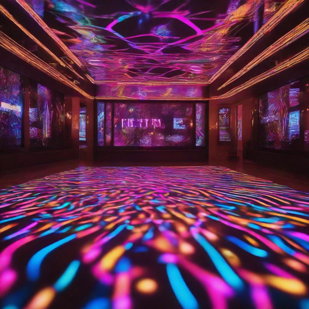 a vibrant dance floor with neon lights and swirling patterns