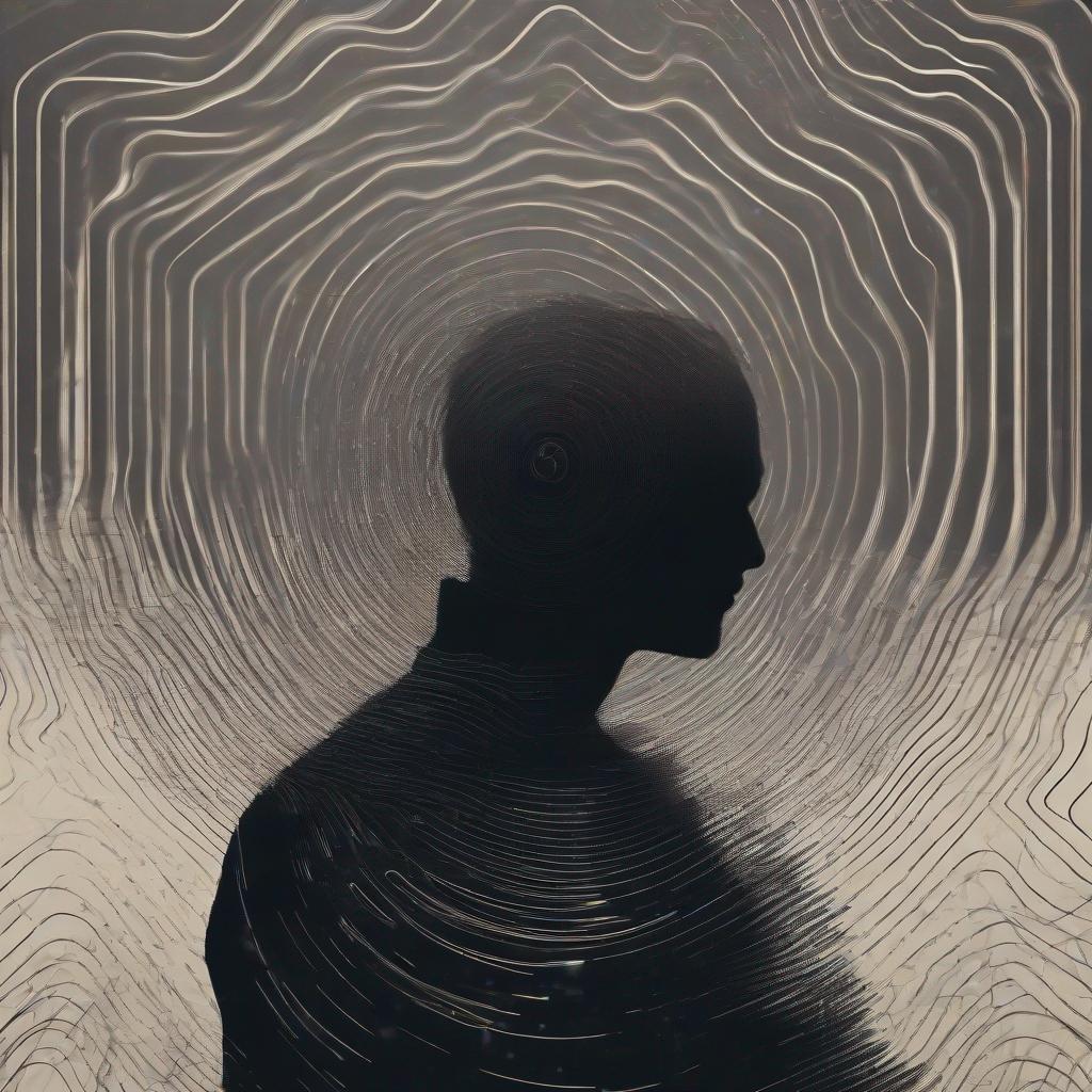 silhouette of a person surrounded by abstract soundwaves, mysterious, dark
