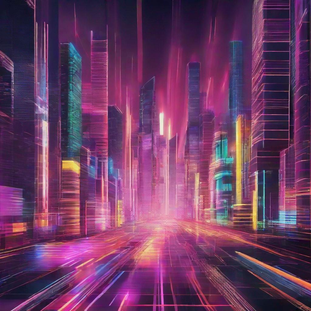 futuristic cityscape with pulsating light waves, robotic figures, neon