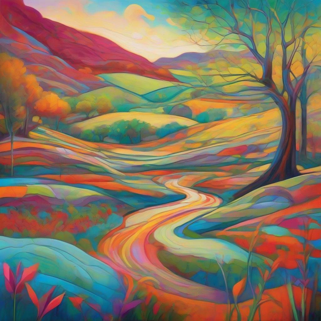 a serene and healing landscape with vibrant colors and flowing lines