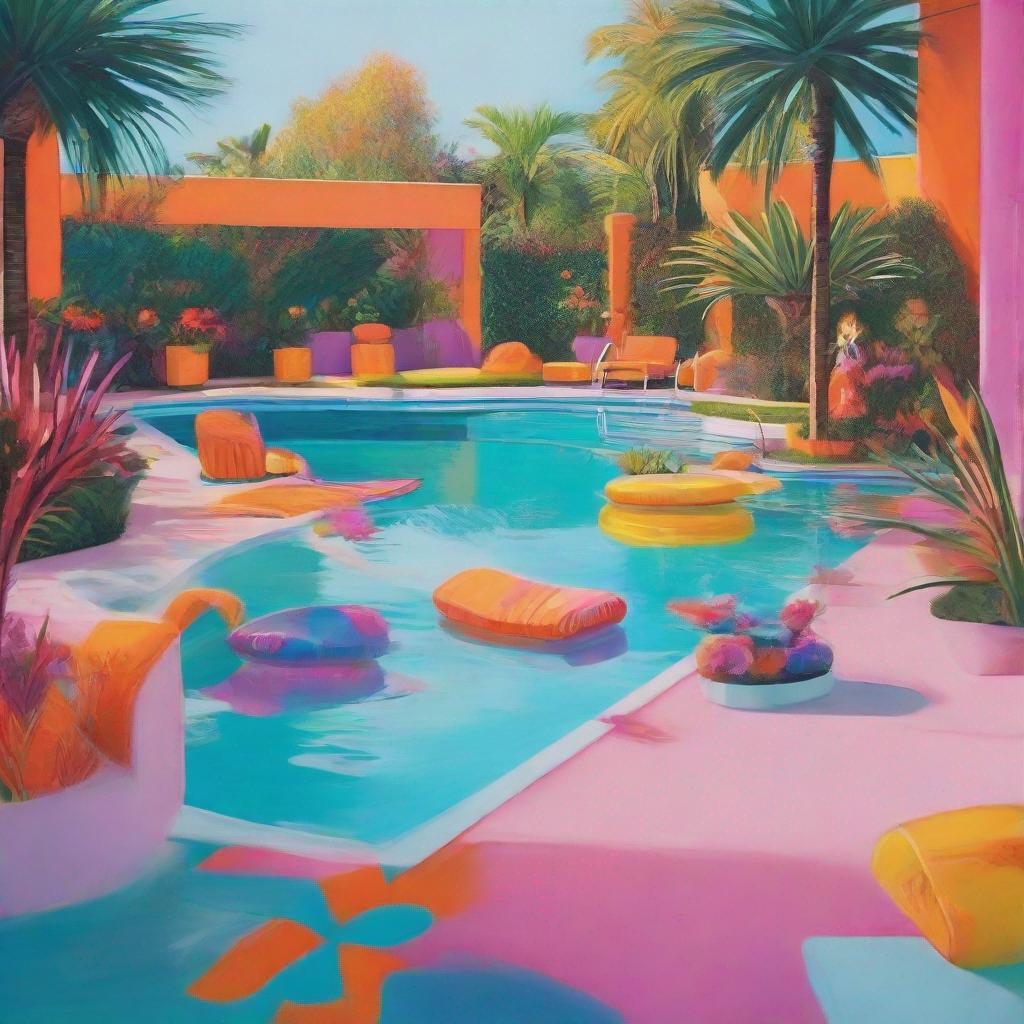 a vibrant poolside scene with a colorful, surreal twist