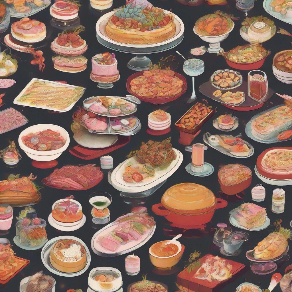 a whimsical illustration of a never-ending buffet, appetite, indulgence