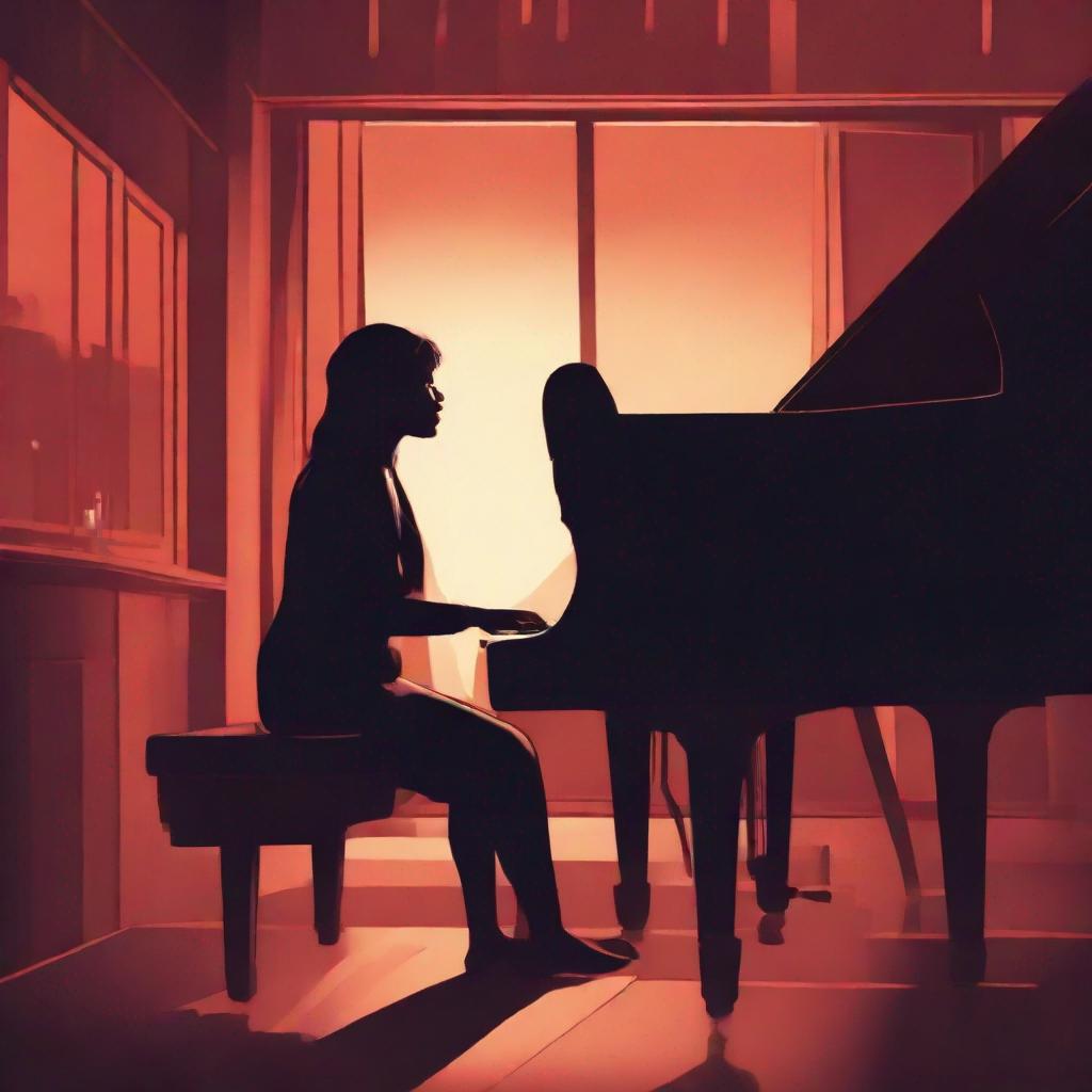 a cozy jazz club with warm lighting and soulful ambiance, featuring a silhouette of a female singer at the piano, abstract and warm color scheme