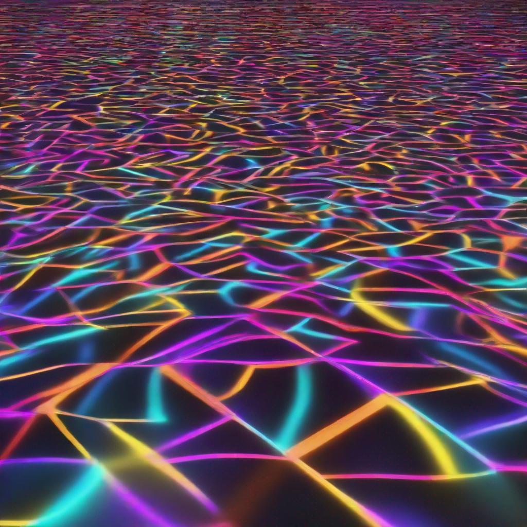 a futuristic neon-lit dance floor with abstract geometric patterns and vibrant colors
