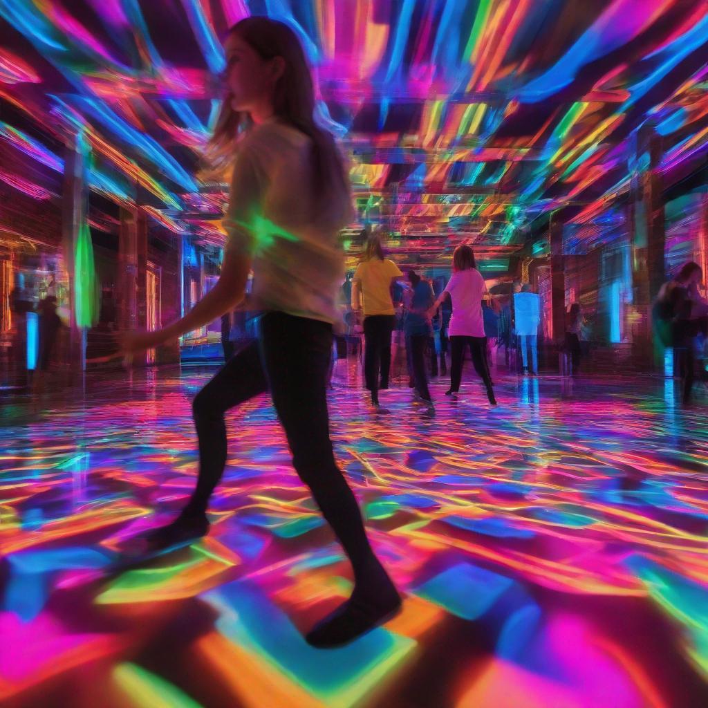 a vibrant dance floor with pulsating neon lights, energetic and dynamic