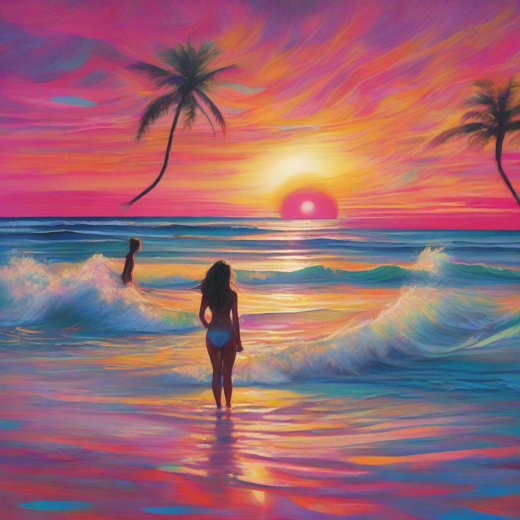 a vibrant sunset beach scene with electronic music waves and ethereal female figures