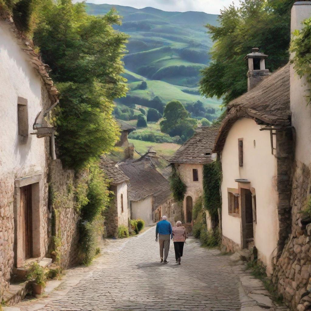 a winding road through a picturesque village with an old couple walking hand in hand