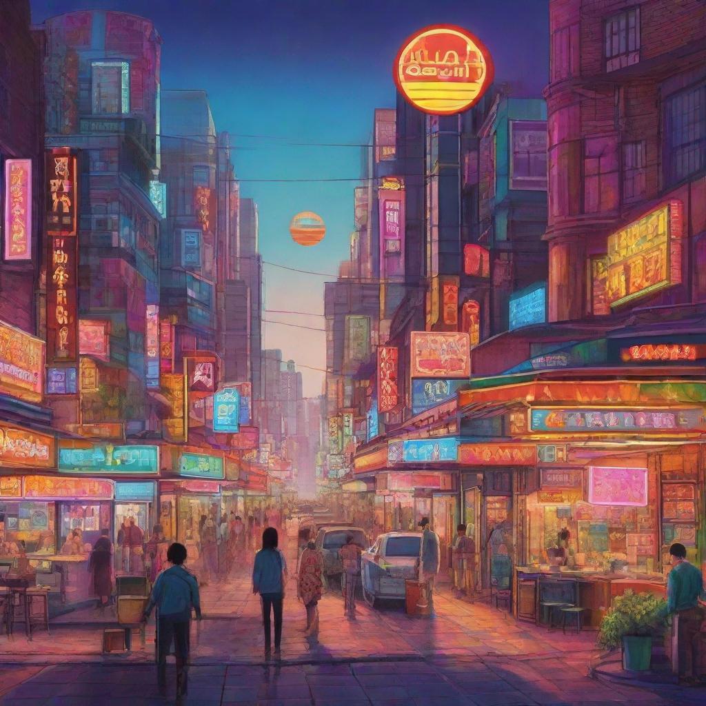 a vibrant cityscape with neon signs and bustling cafes, featuring a plate of colorful food and a rising sun in the distance