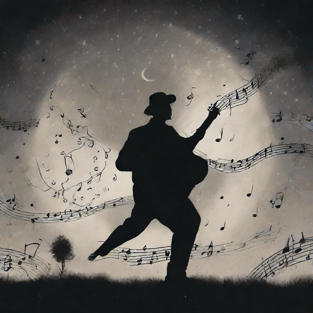 a silhouetted figure playing a guitar under a moonlit sky, with music notes swirling in the air