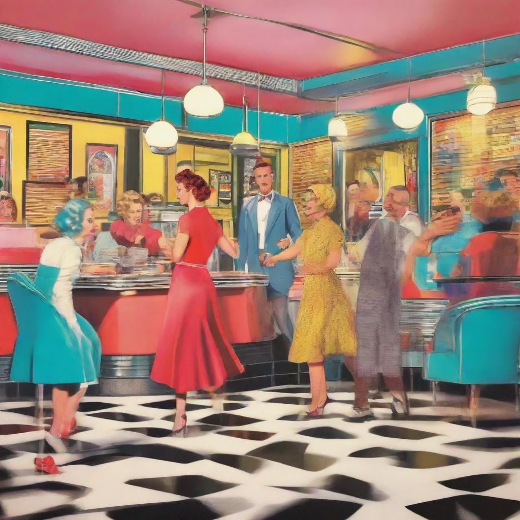 vibrant retro diner scene with people dancing to a beat made of utensils and plates
