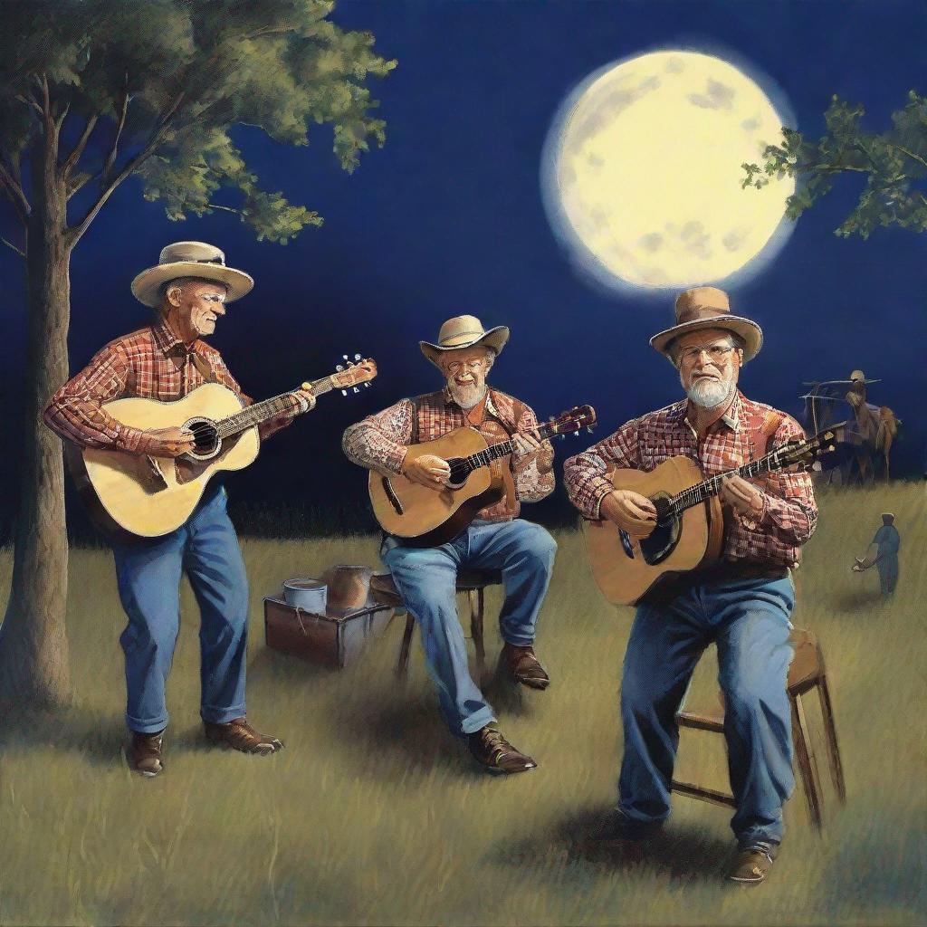 a lively bluegrass band playing under the moonlight, joyful, rural setting