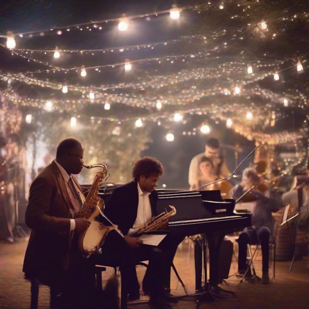 magical jazz musicians playing under a sparkling canopy of fairy lights, dreamy ambiance