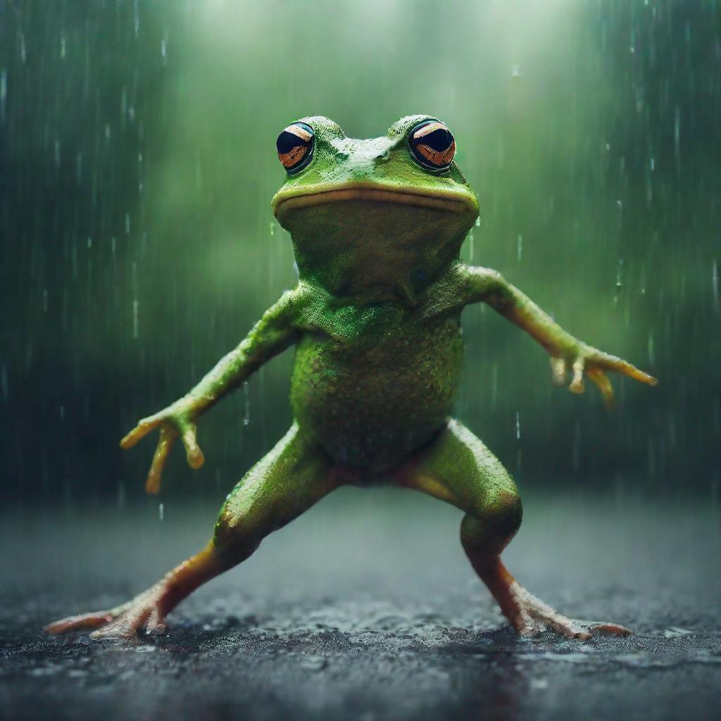 a surreal scene of a frog dancing in the rain, vibrant and dream-like