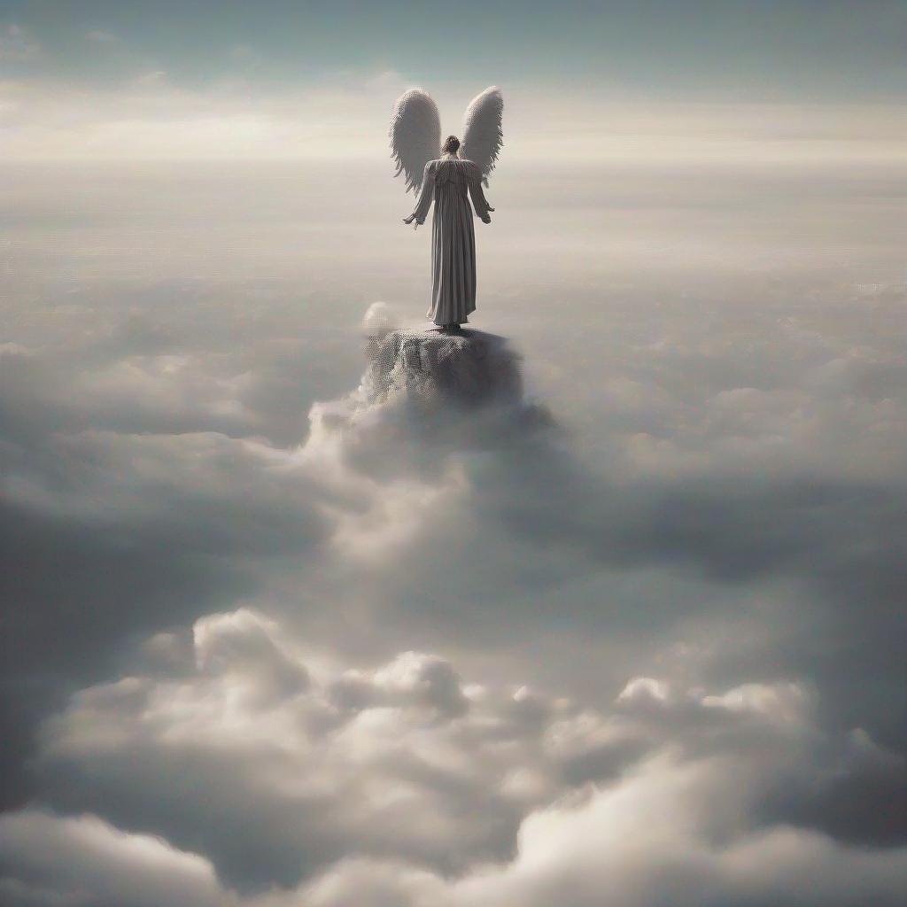 lonely angel standing on a cloud, looking down at a deserted city