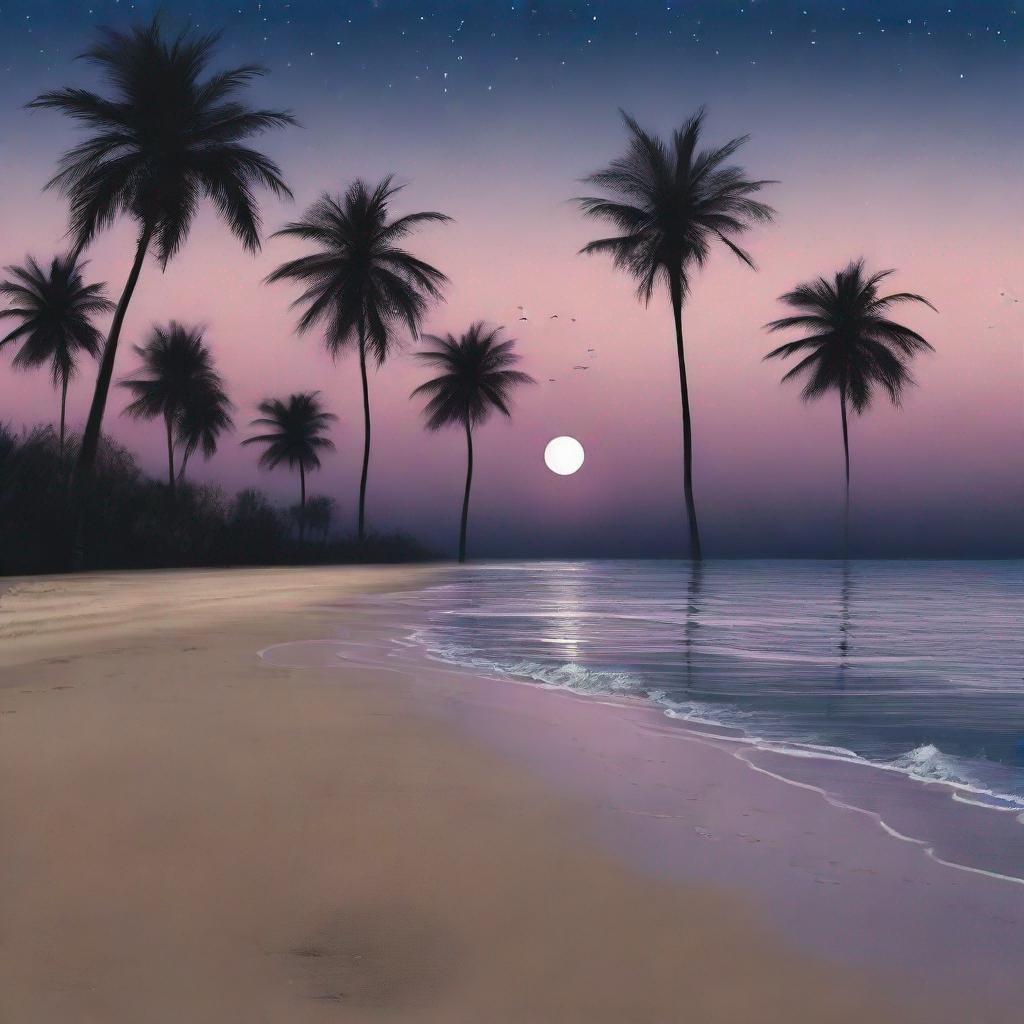 a serene beach with moonlight reflecting off the water, silhouettes of palm trees and gentle waves
