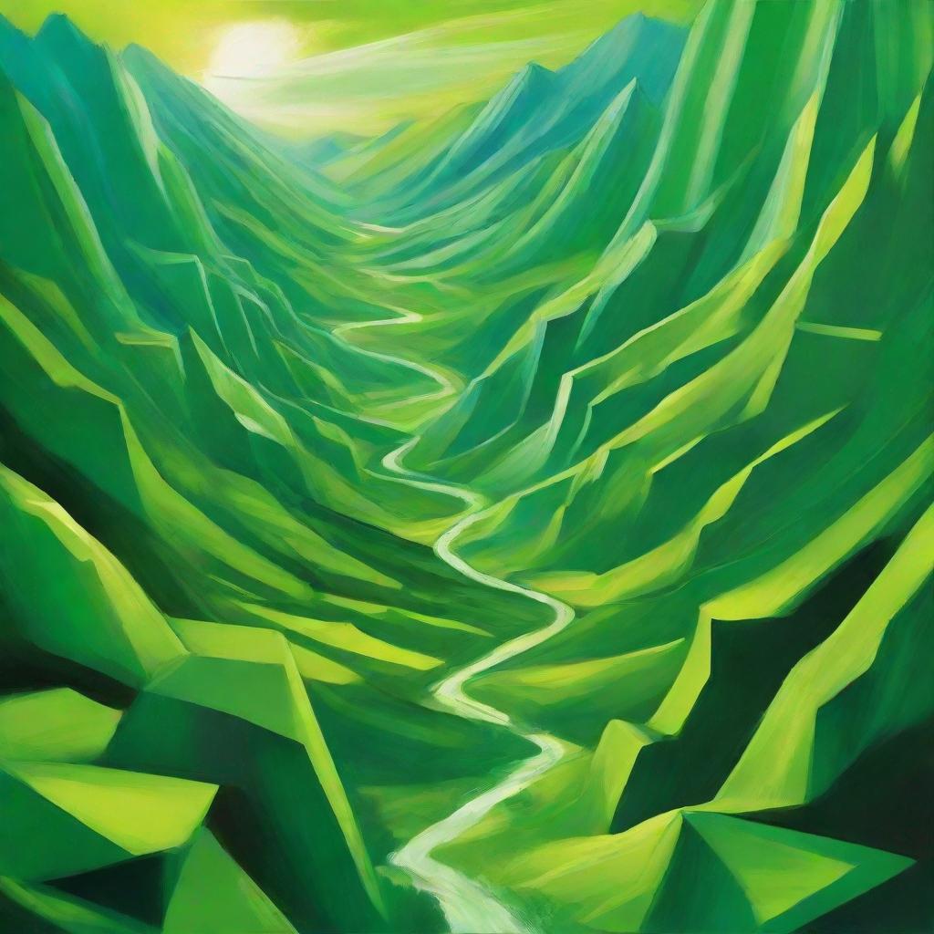 a vibrant green valley with a towering figure overcoming obstacles, determination, abstract