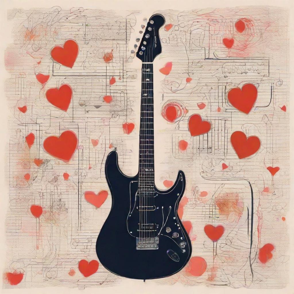 energetic electric guitar surrounded by symbolic representation of love and pleasures, expressive