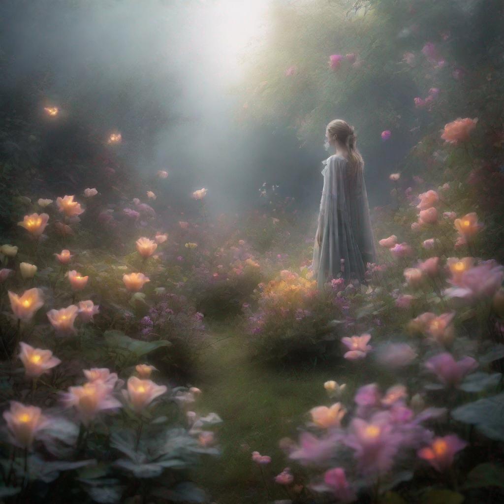 an ethereal garden filled with glowing flowers and a mysterious figure shrouded in mist