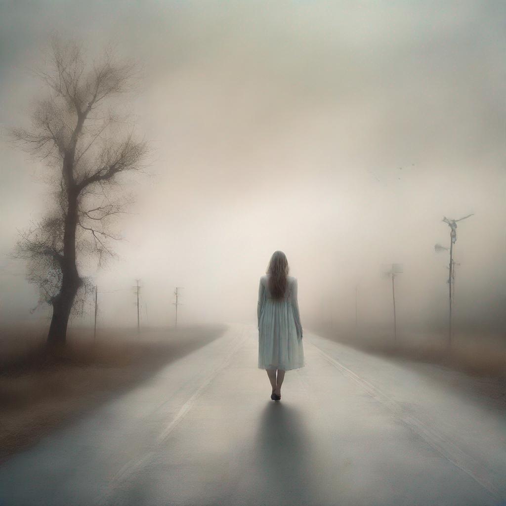 a delicate, ethereal figure standing at a crossroads, contemplating her choices, surreal, dreamlike