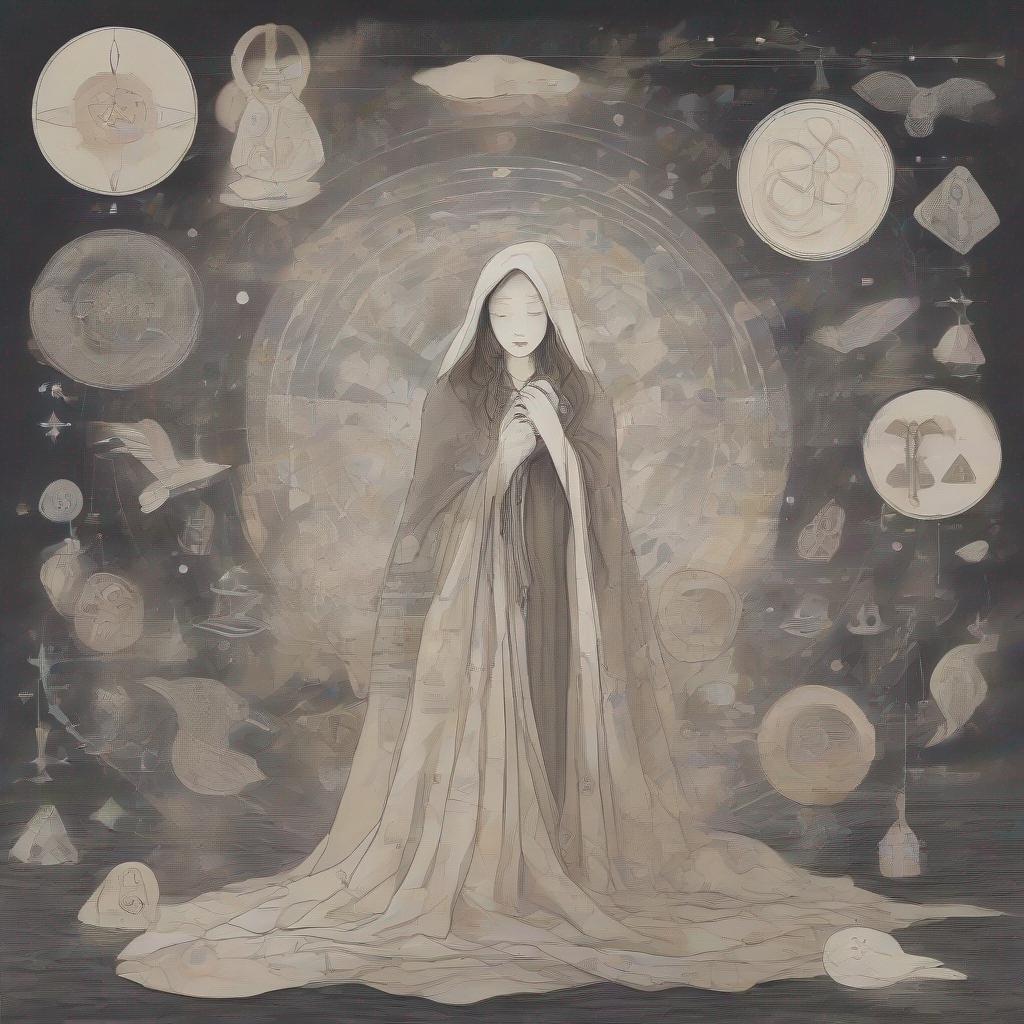 a serene figure in a cloak, surrounded by floating objects and symbols, peaceful, mystical