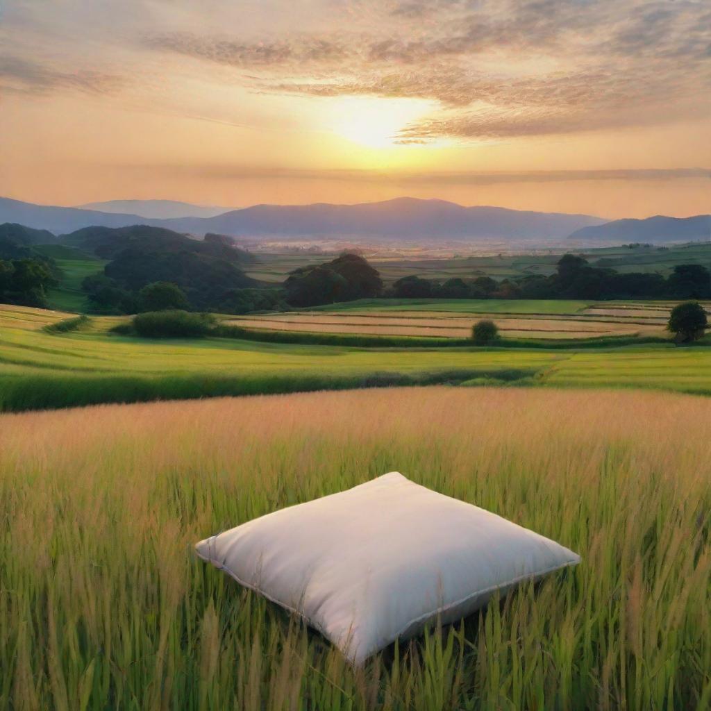 a tranquil scene of a field at sunset with a traditional Japanese pillow