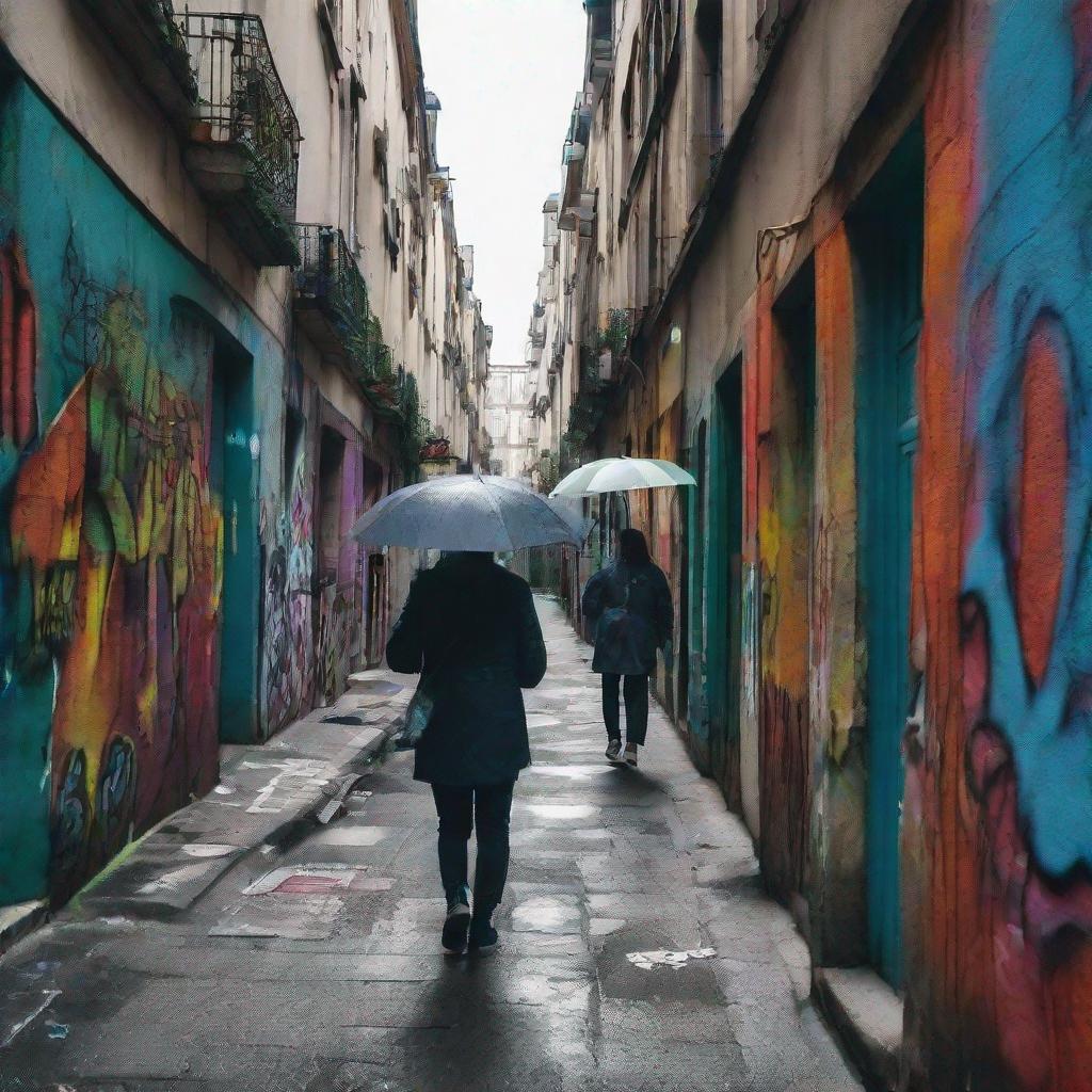 gritty portrait of urban Parisian life, graffiti, alleyways, vibrant